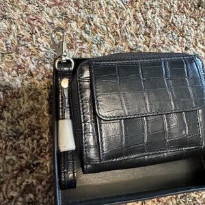 Black Croc-Embossed Wallet with Wristlet